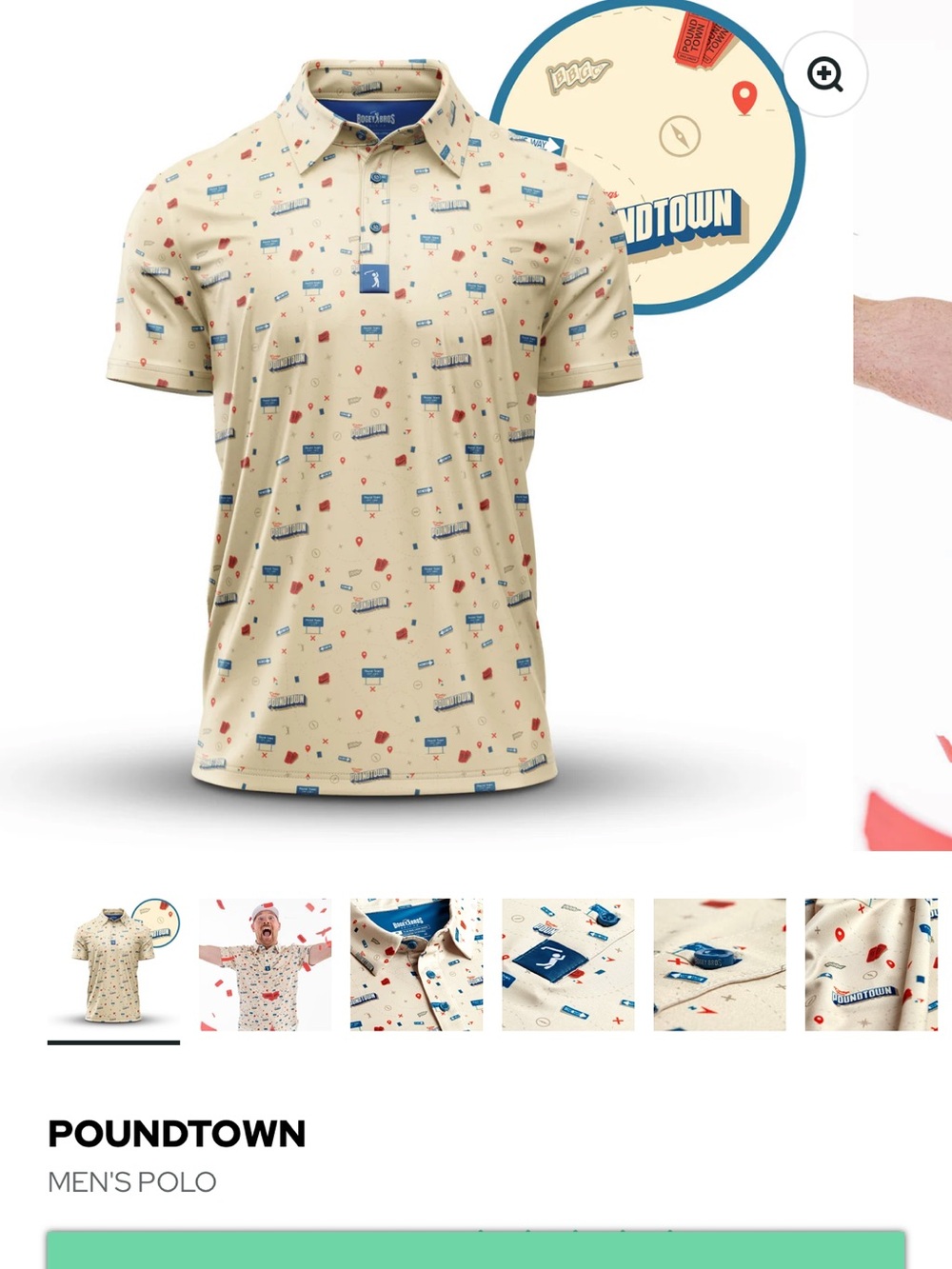 Poundtown Men's Polo Shirt - Cream with Red & Blue Print
